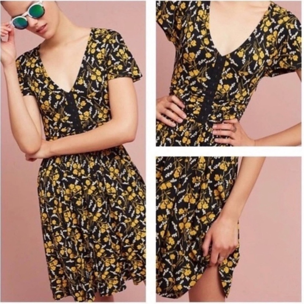 Maeve by Anthropologie Black and Yellow Floral Swing Dress in XS